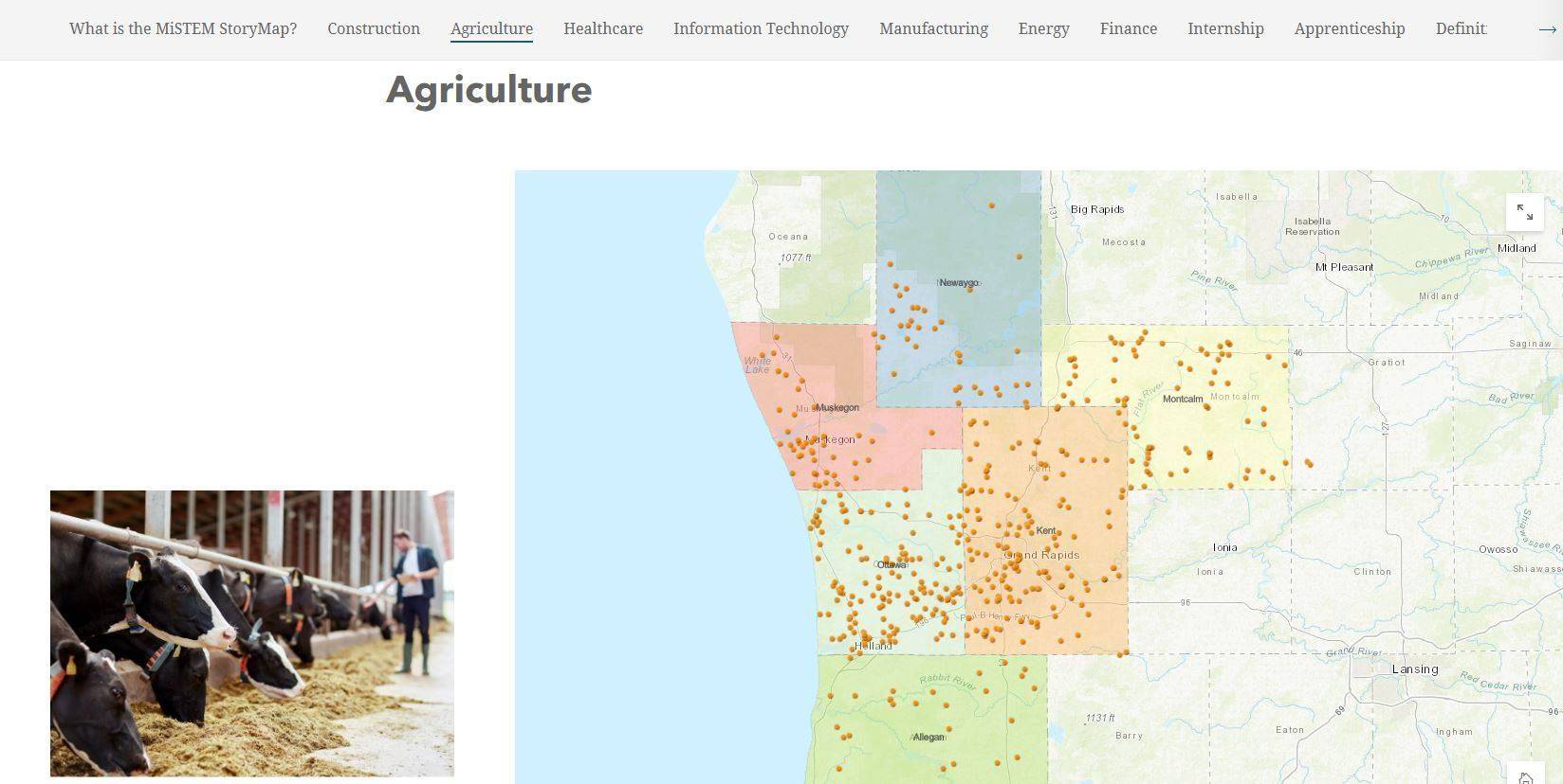 image of the agricultural map in West Michigan with an image of a farmer and cows